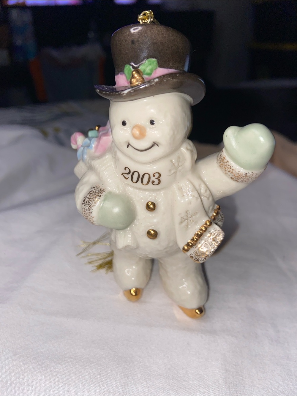 Lenox White Snowman Ornament with Pastel Green Mittens and Gold Accents